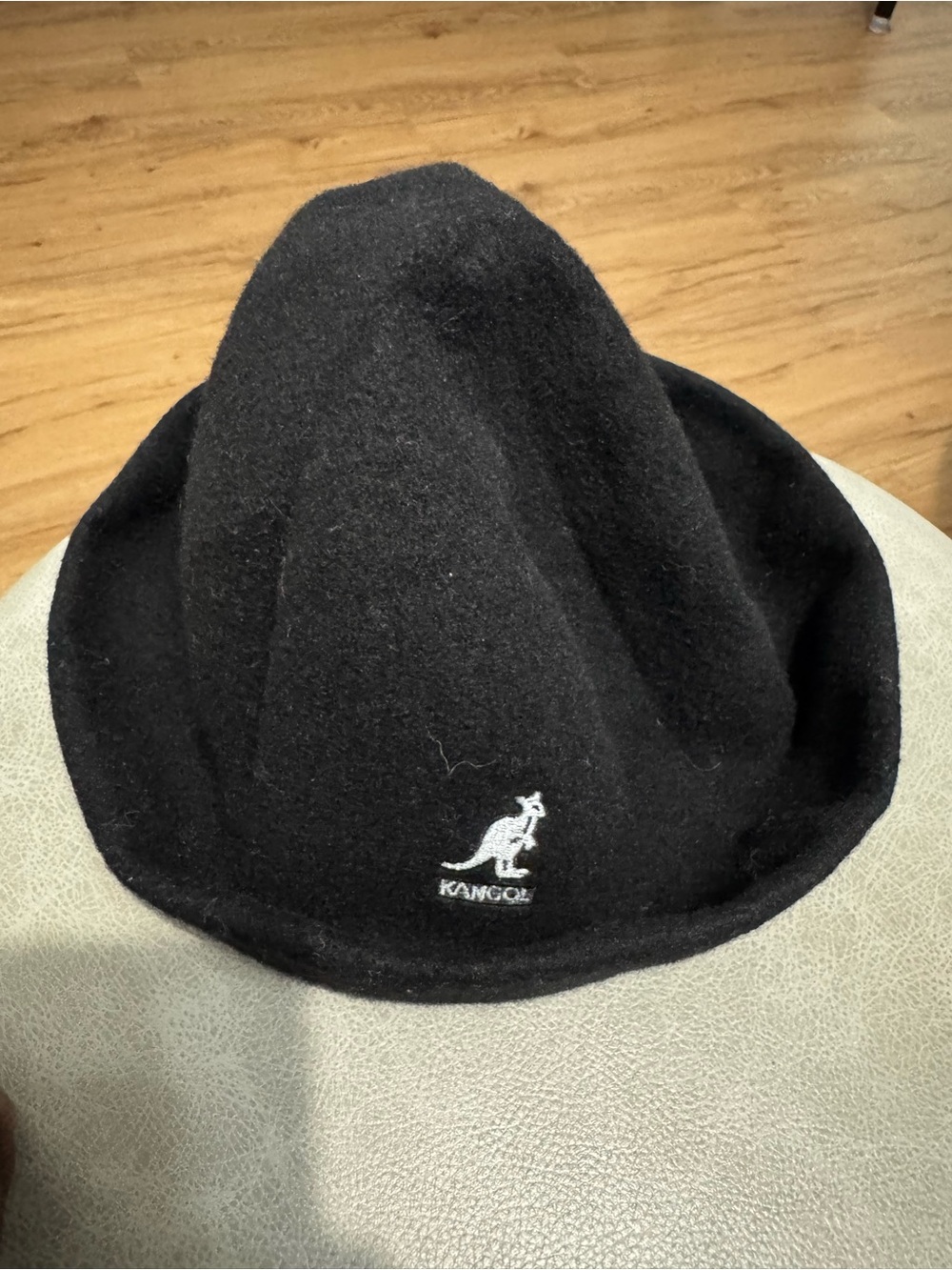 Kangol Black Wool Bucket Hat with White Kangaroo Logo
